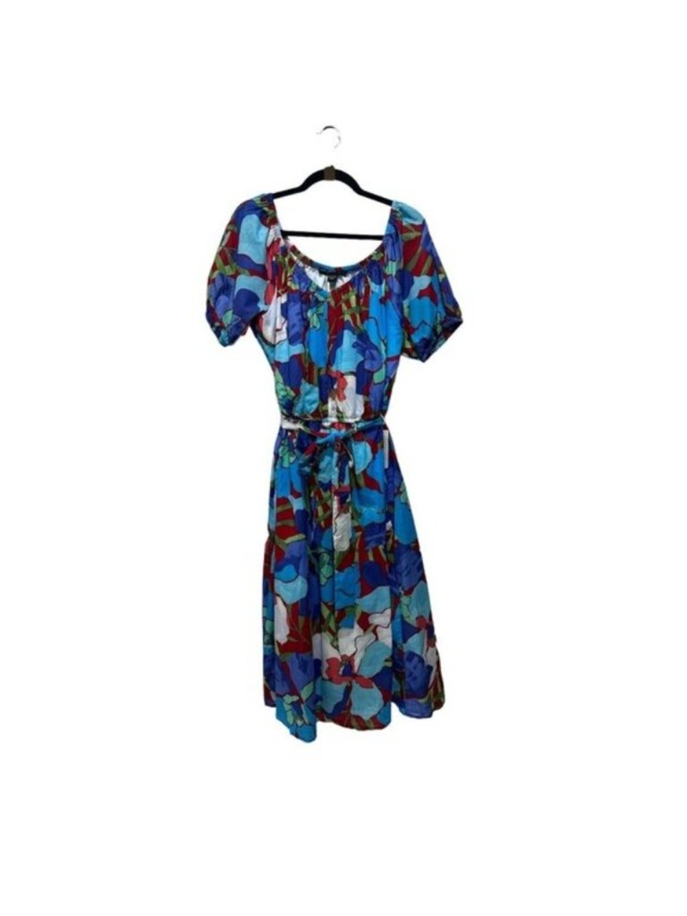 Maggy London Blue Floral Midi Dress Short Sleeves Cotton Blend US 12 - Picture 3 of 11